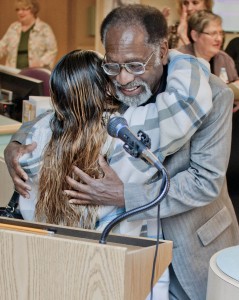 Tyesha Gonzalez greets Dr. Alexander Boye-Doe at Monday’s Miracle Reception at Mercy.