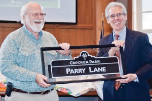 A new street sign at Crocker Park will ensure Bob Parry’s legacy.
