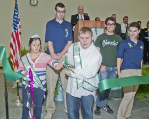 Jacob and Holly cut the ribbon at the dedication of the new Westlake High School Saturday morning.
