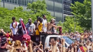 Kyrie Irving shares his joy with the fans at last week’s parade through downtown Cleveland.