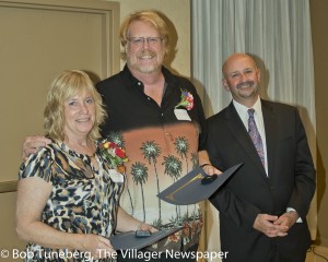 UH SJMC President Robert G. David with 40-year employees Douglas Bolen and Eileen Kinney.