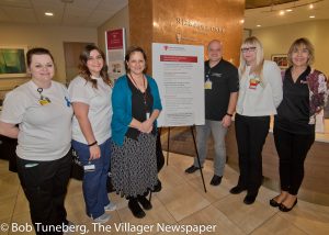 Melissa Balog and Hannah Becker, CMA Gastroenterology; Manager Paul Forthofer and Coordinator Mary Kiczek, RN, BSN, UH SJMC Community Outreach; Ashley Mathews BSBA, Outreach Coordinator of the University Hospitals Digestive Health Institute and ____.