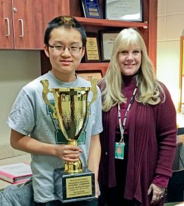 Westlake High School junior Kyle Yu and gifted specialist Anne Dill.